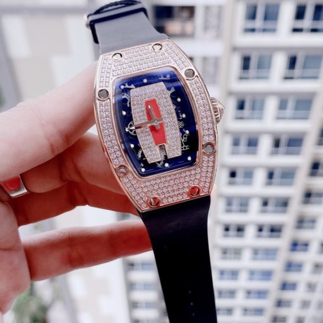 Đồng Hồ Huboler Hanboro Nữ Dây Silicon Đen Mặt Đính Đá Rose Gold 31x42mm Chính Hãng