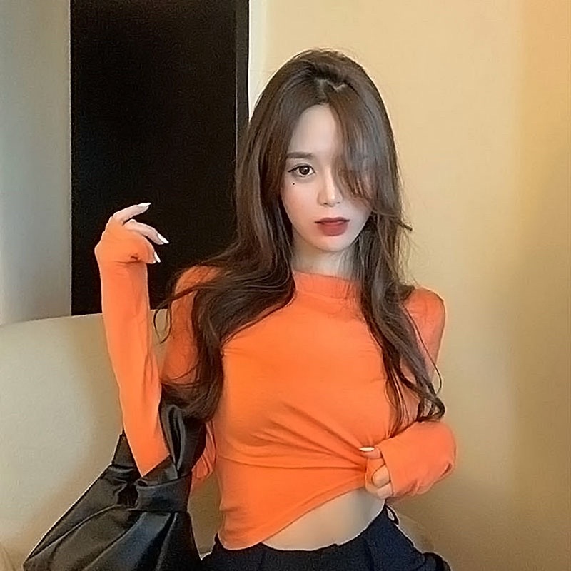 Áo thun cổ tròn tay dài màu cam trơn phong cách hàn quốc cho nữ