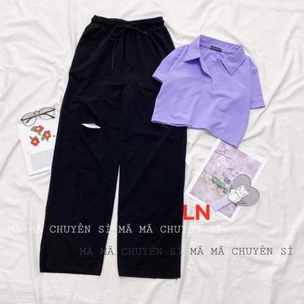 Set áo croptop polo + quần rộng đen DAN876