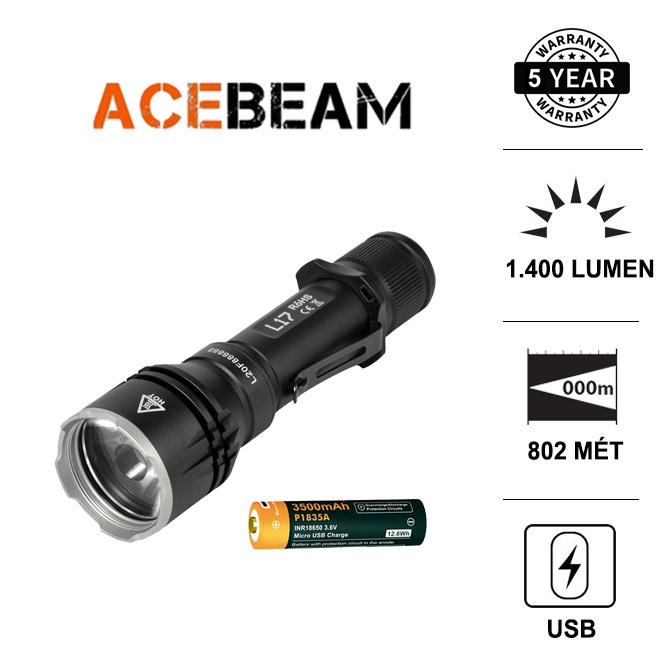 Đèn pin chiếu xa ACEBEAM L17 led OSRAM sáng 1400 lumen xa 802 m sử dụng pin 18650 3500mAh USB (kèm theo) Đèn & Đèn pin