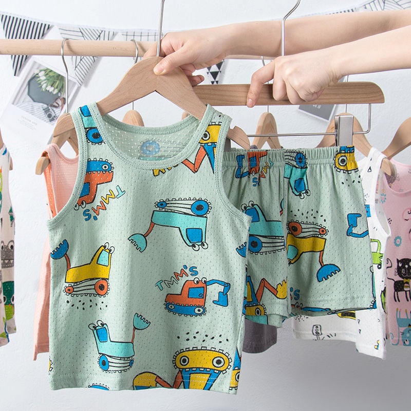 Bộ Đồ Mặc Ở Nhà Áo Sát Nách Phối Quần Short Vải Cotton Mỏng Thời Trang Mùa Hè Cho Bé