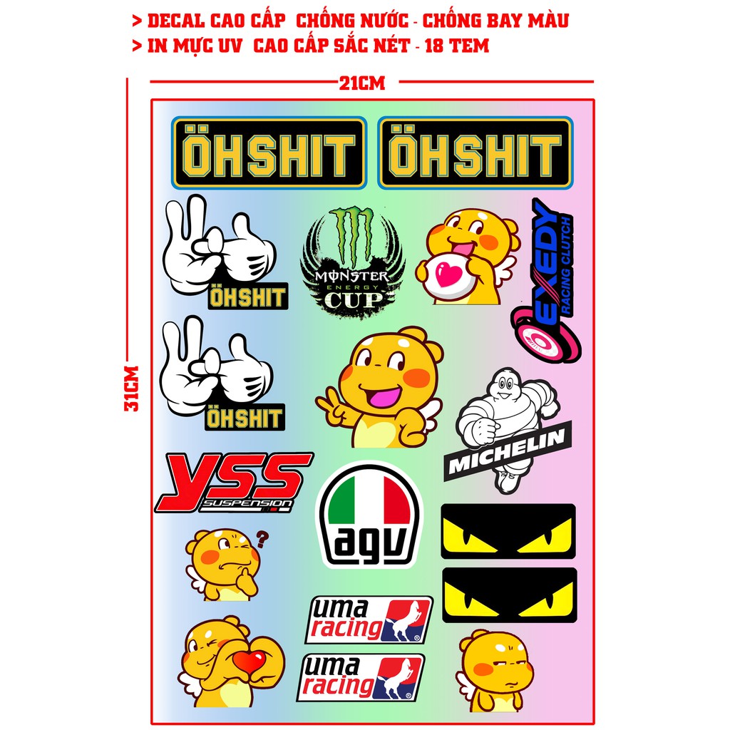 Tem ohshit màu UV chất lượng cao RACING 18 Fadi; phẩm ; olin ; agu.... tem dán vào xe siêu đẹp