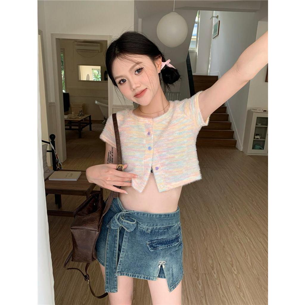 Áo Thun Dáng Ôm Ngắn Tay Phối Màu Cầu Vồng Thời Trang Cá Tính 63686