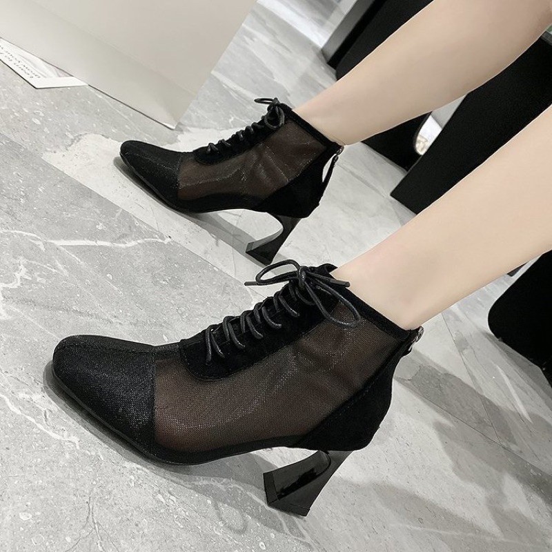 Giày boots cao gót  FREESHIP giày bốt mũi chòn phối lưới thời trang nữ