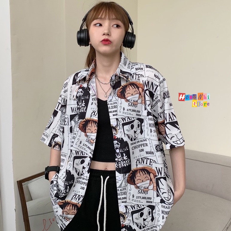Áo Sơ Mi Họa Tiết Hoạt Hình Luffy Tay Lỡ Dáng Rộng Ulzzang Unisex, Sơ Mi Đi Biển - MM