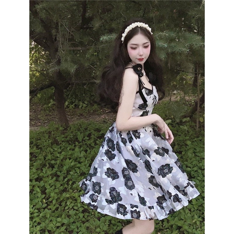 Váy hai dây trắng hoa đen dễ thương công chúa ulzzang Hàn Quốc [Yannie]