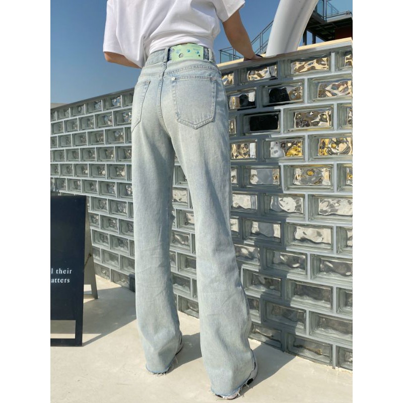 quần jeans nữ cạp vừa ống rộng dài ống rách cá tính off white