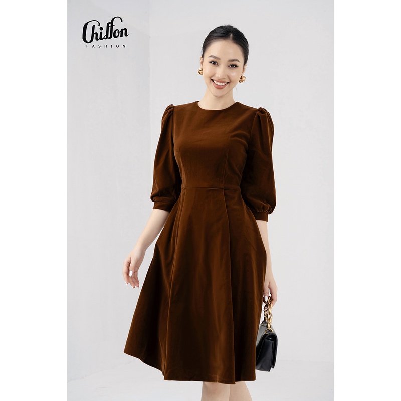 Váy nhung công sở nữ dáng xòe tay bồng thiết kế Chiffon | BigBuy360 - bigbuy360.vn