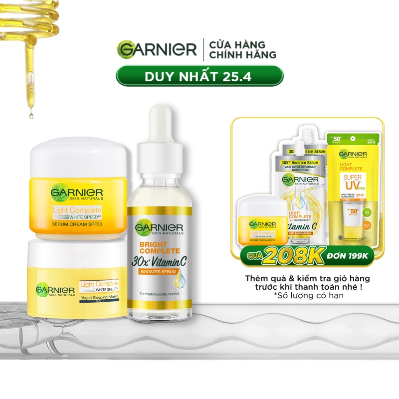 Bộ sản phẩm tinh chất và kem dưỡng da ngày đêm làm sáng da Garnier Light Complete Vitamin C