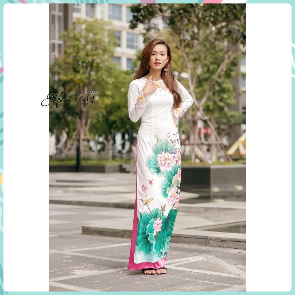 Áo Dài Truyền Thống Nữ Trắng Cổ Tròn, Áo Dài Vải Lụa In Họa Tiết Hoa Sen Đẹp, Tinh Tế, Form Dáng Ôm Nữ Tính, Giftylady | BigBuy360 - bigbuy360.vn