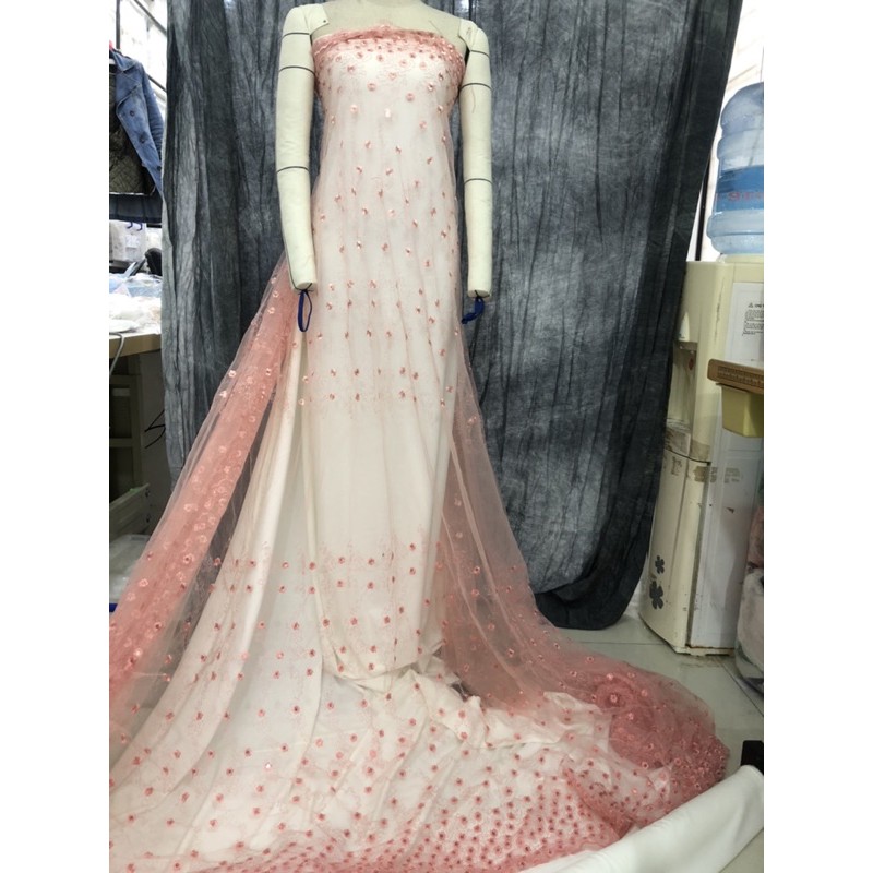 Ren thêu trên lưới màu hồng pastel khổ siêu rộng 1.9m  nhập khẩu hàn quốc RM108