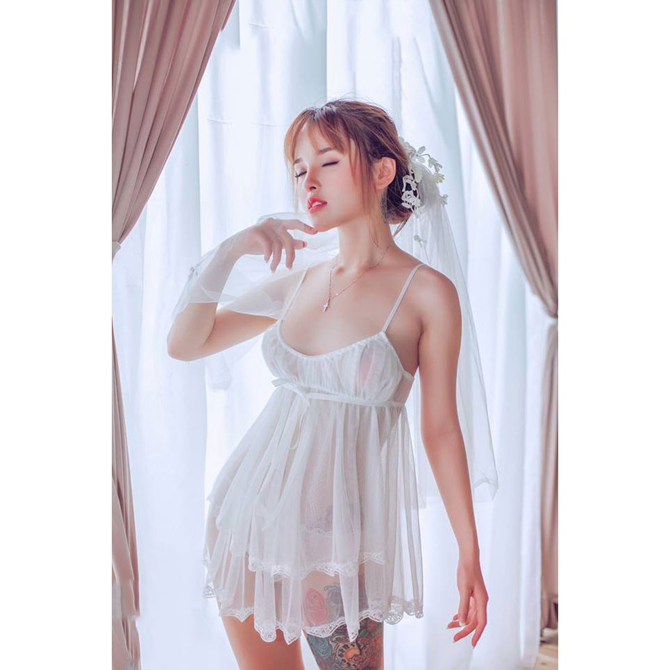 Sexy Forever Set Váy Ngủ Hai Dây Xoè Isabella Trắng