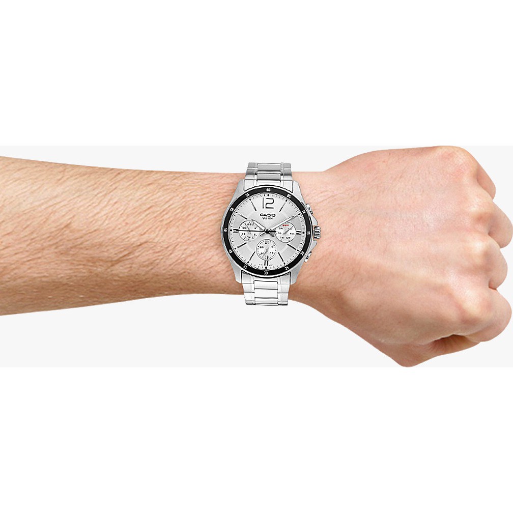 Đồng hồ Nam Casio MTP-1374D-7AV, đồng hồ chính hãng, dây bạc mặt trắng viền đen 6 kim