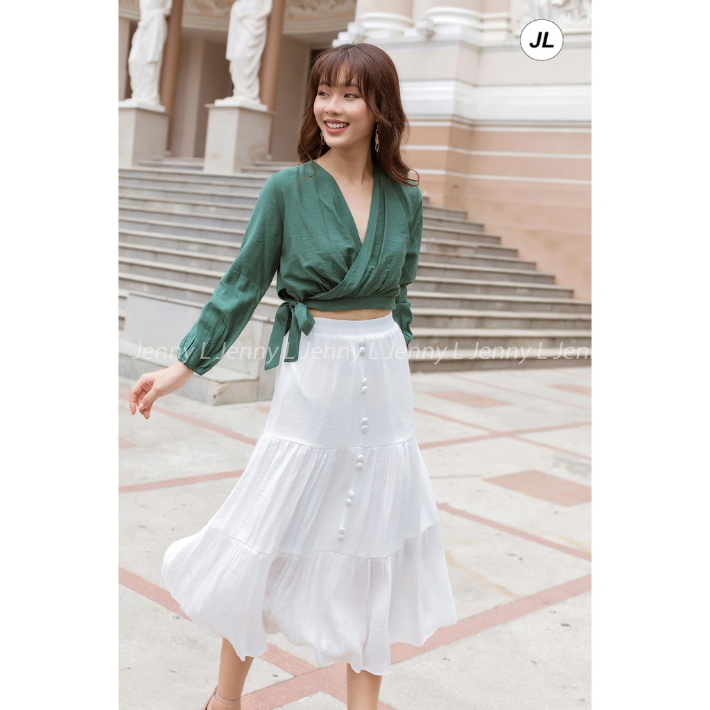 Jenny L - Áo crop top cổ tim đắp chéo thắt nơ - Melia Crop Top JL104