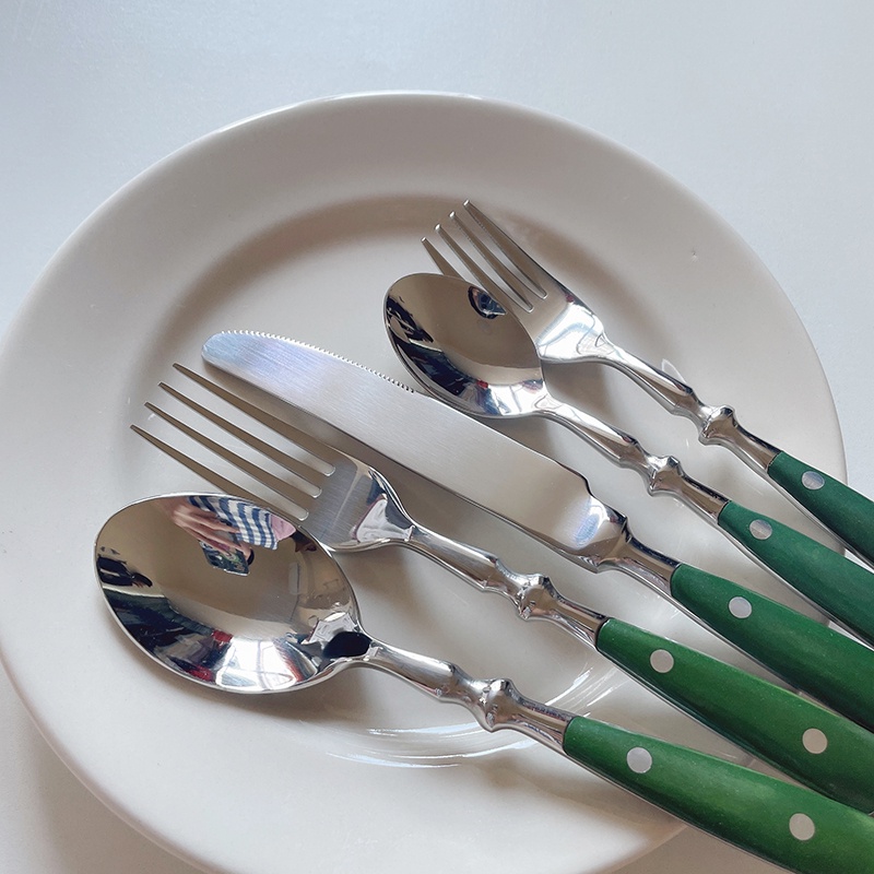 HERA Bộ Muỗng Nĩa Bằng Thép Không Gỉ Với Tay Cầm Màu Xanh Lá Cây Đầy Tiện Lợi