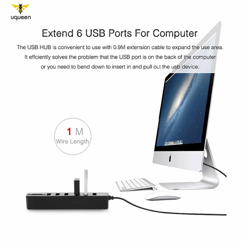 UQ Multi USB Hub USB 2.0 Splitter High Speed 6 Ports Hab TF SD Card Reader All in One for PC