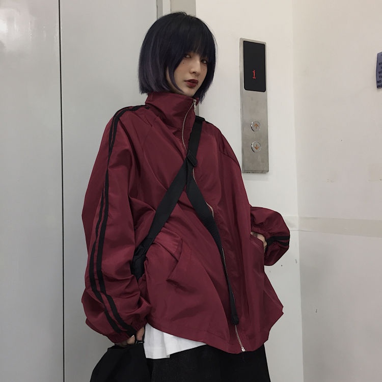 Áo khoác dây kéo cao cổ unisex màu đỏ ngoại trang phục cặp đôi hippop phong cách đường phố hàn quốc