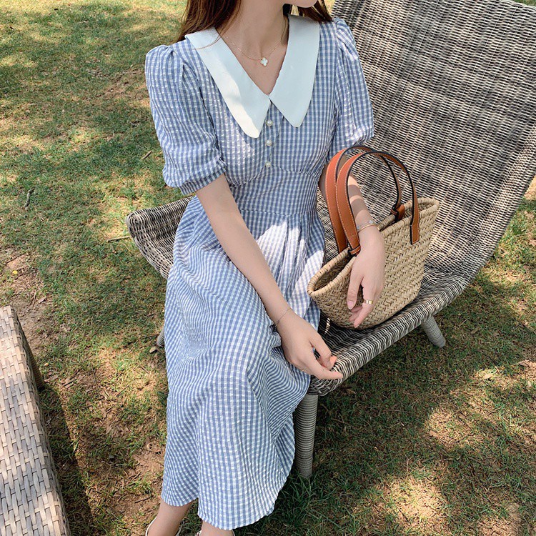 Đầm dài cổ chữ V ngắn tay họa tiết kẻ sọc ca rô thời trang 44719