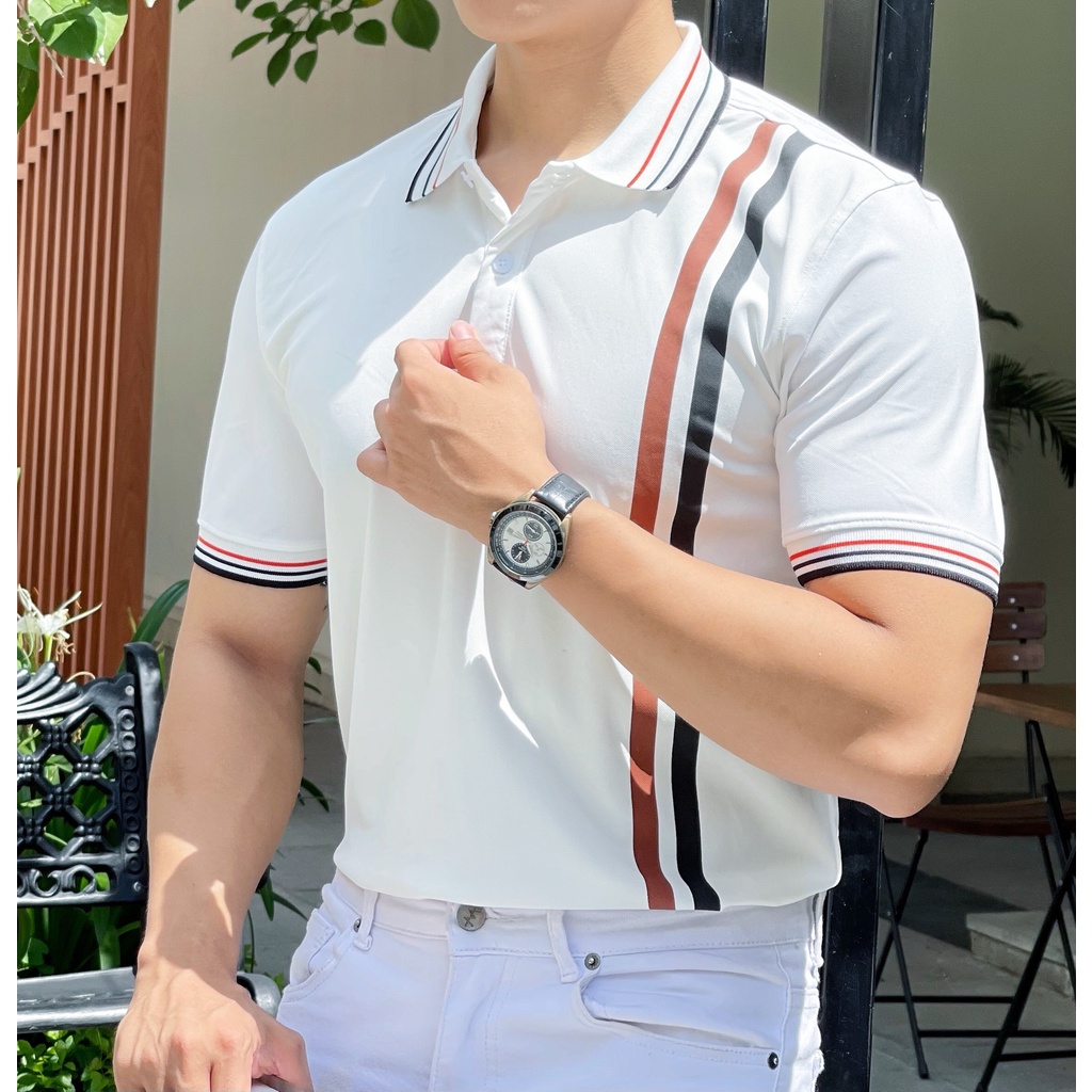 Áo polo nam cổ bẻ phối dây sọc nâu chất vải cá sấu Cotton xuất xịn,chuẩn form, sang trọng - thanh lịch TB039