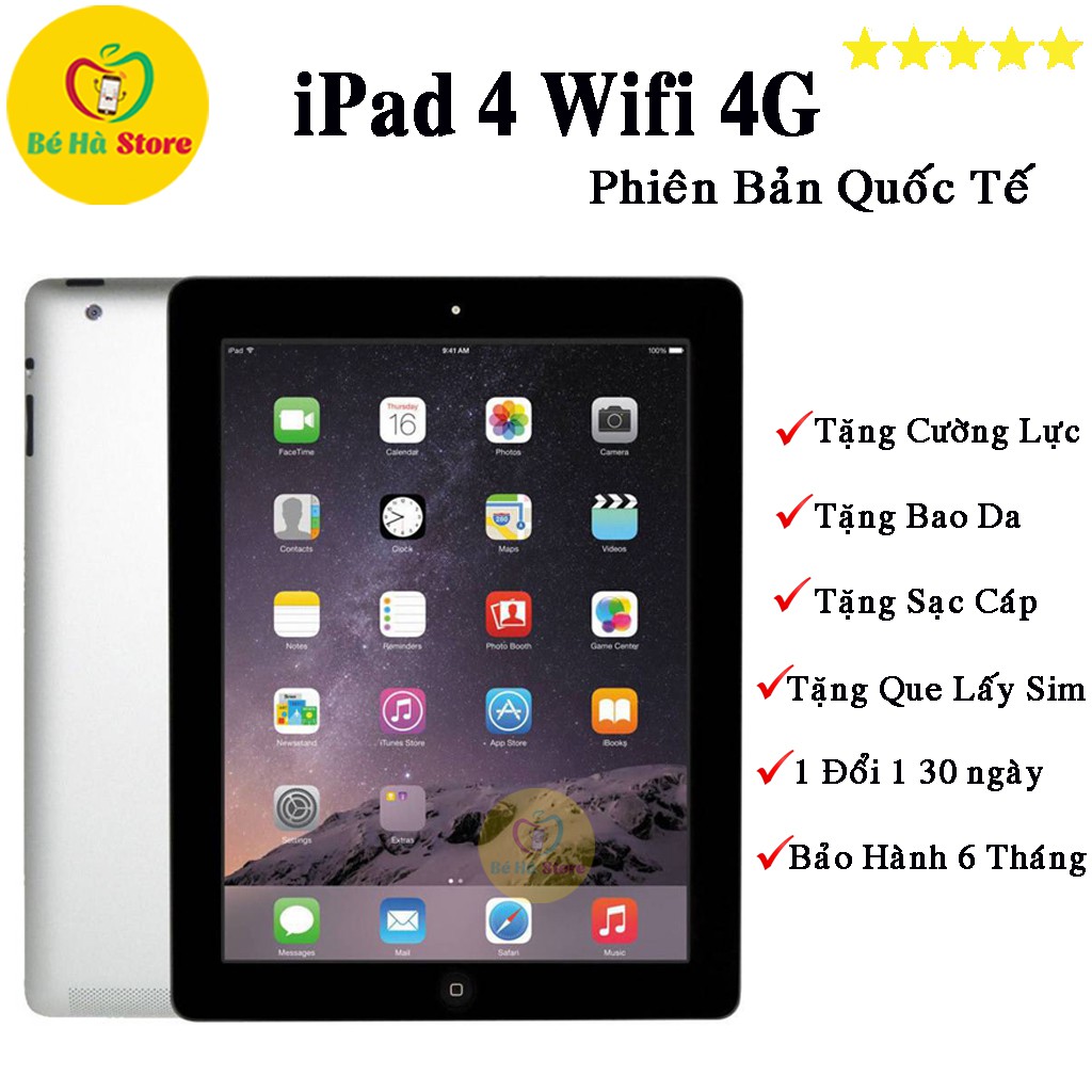 Máy Tính Bảng iPAD 4 (Wifi + 4G) 16Gb/ 32Gb/ 64Gb/ 128Gb - Zin Đẹp 99% - Màn 9.7 Rentina Sắc Nét / Pin Cực Khỏe / Loa To