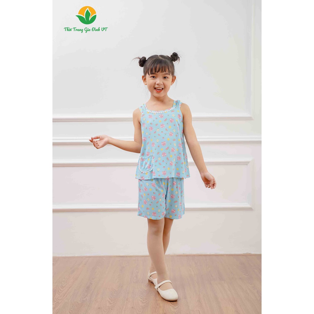 Bộ đồ lanh quần đùi áo hai dây cổ ren bé gái Việt Thắng chất lanh mềm mại, thoáng mát B62.2205