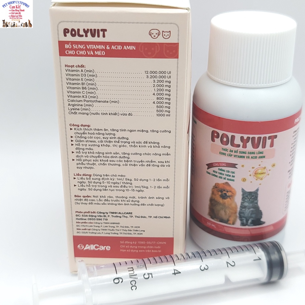 Chai bổ sung vitamin va acid amin cho Chó Mèo Polyvit Chai 50ml, Tăng tính thèm ăn, Tăng cường sức đề kháng Sx tại VN