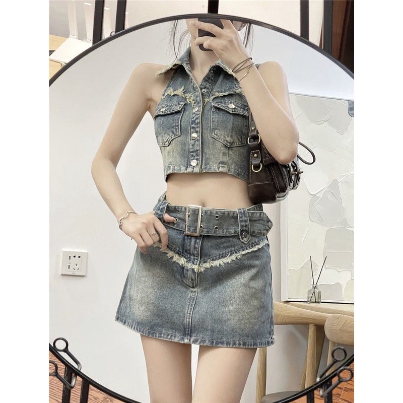 Set Áo Yếm Denim Và Chân Váy Phong Cách Retro Quyến Rũ Dành Cho Nữ