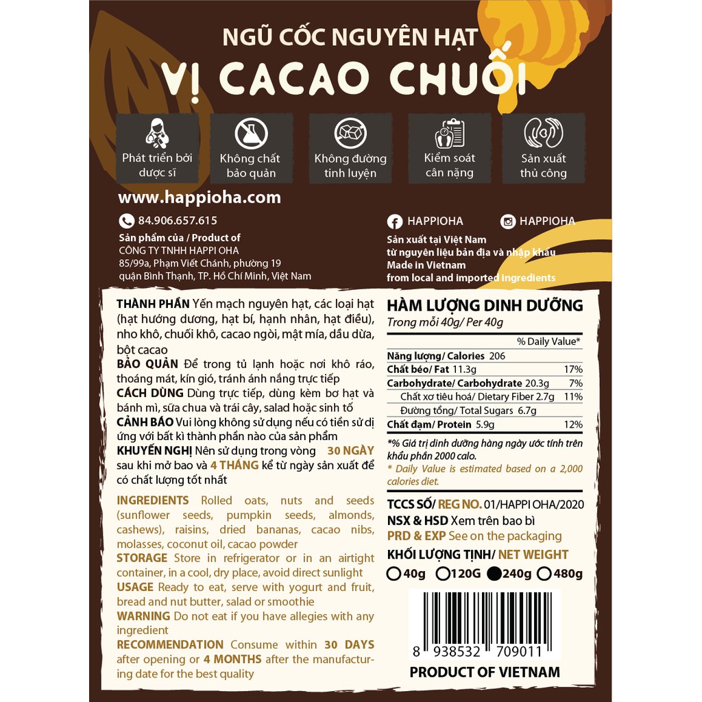 Granola 8 loại hạt trái vị cacao hảo hạng 240g/400g Không Đường Tinh Luyện - Choco Bana HAPPI OHA | BigBuy360 - bigbuy360.vn