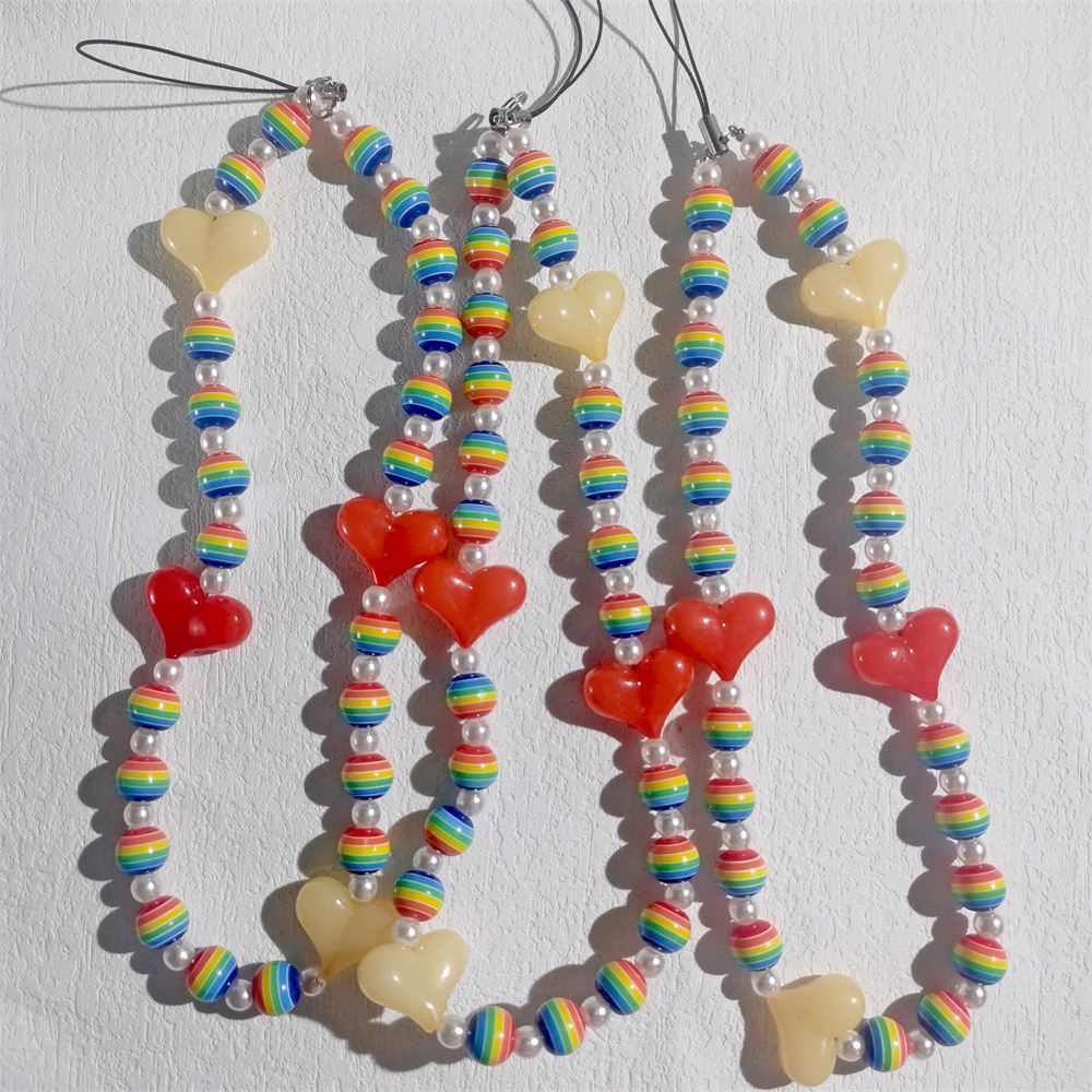 Dây Đeo Điện Thoại Bằng Acrylic Mềm Chống Thất Lạc Đính Hạt Ngọc Trai Màu Cầu Vồng Dễ Thương