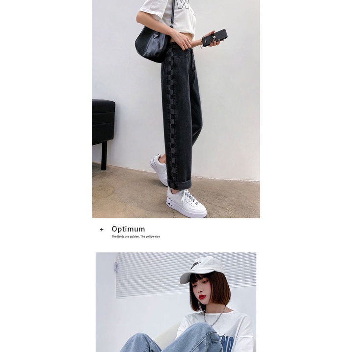 Plus Quần Jean Dài Lưng Cao Ống Rộng Sọc Ca Rô Thời Trang Trẻ Trung