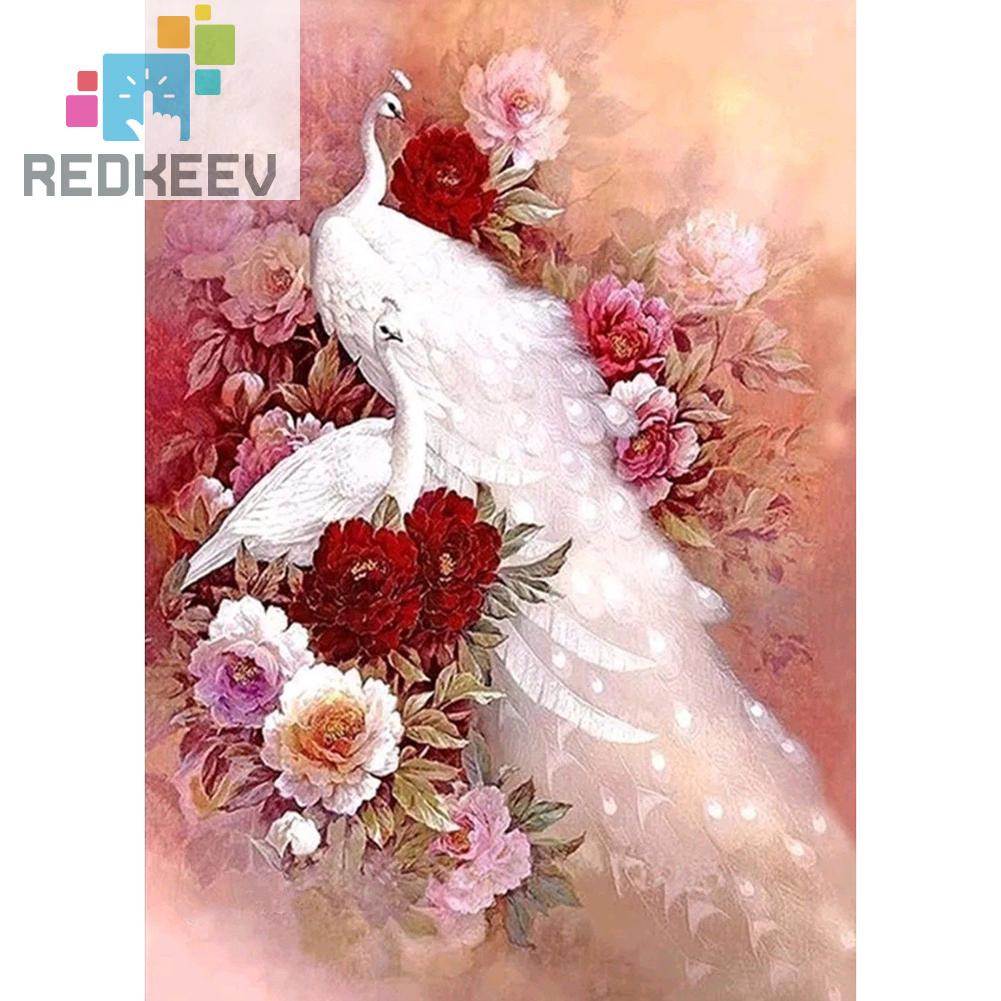 Tranh thêu đính đá treo tường trang trí nội thất hình chim công trắng 5D DIY