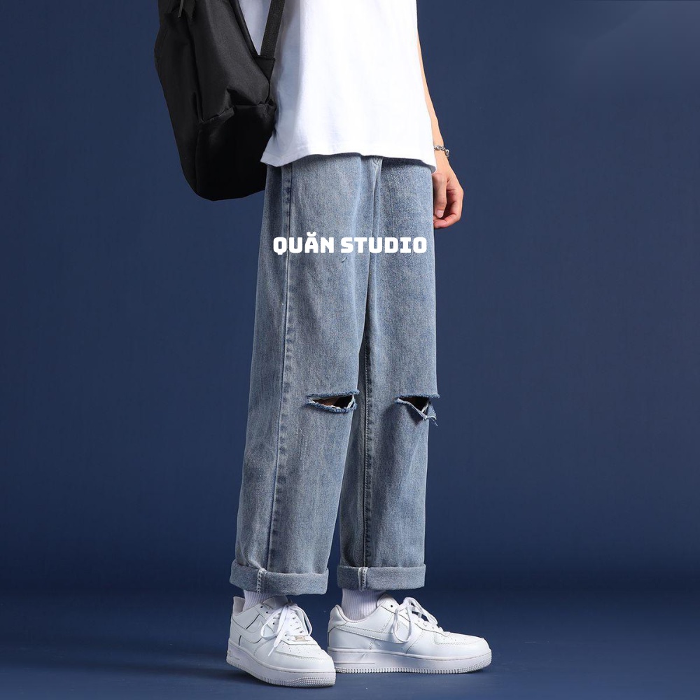 Quần Baggy Nam Rách Gối Quăn Studio - Quần Jean Nam Màu Xanh Vừa Rách Gối 1 Form Chuẩn Hàn Quốc QRG02