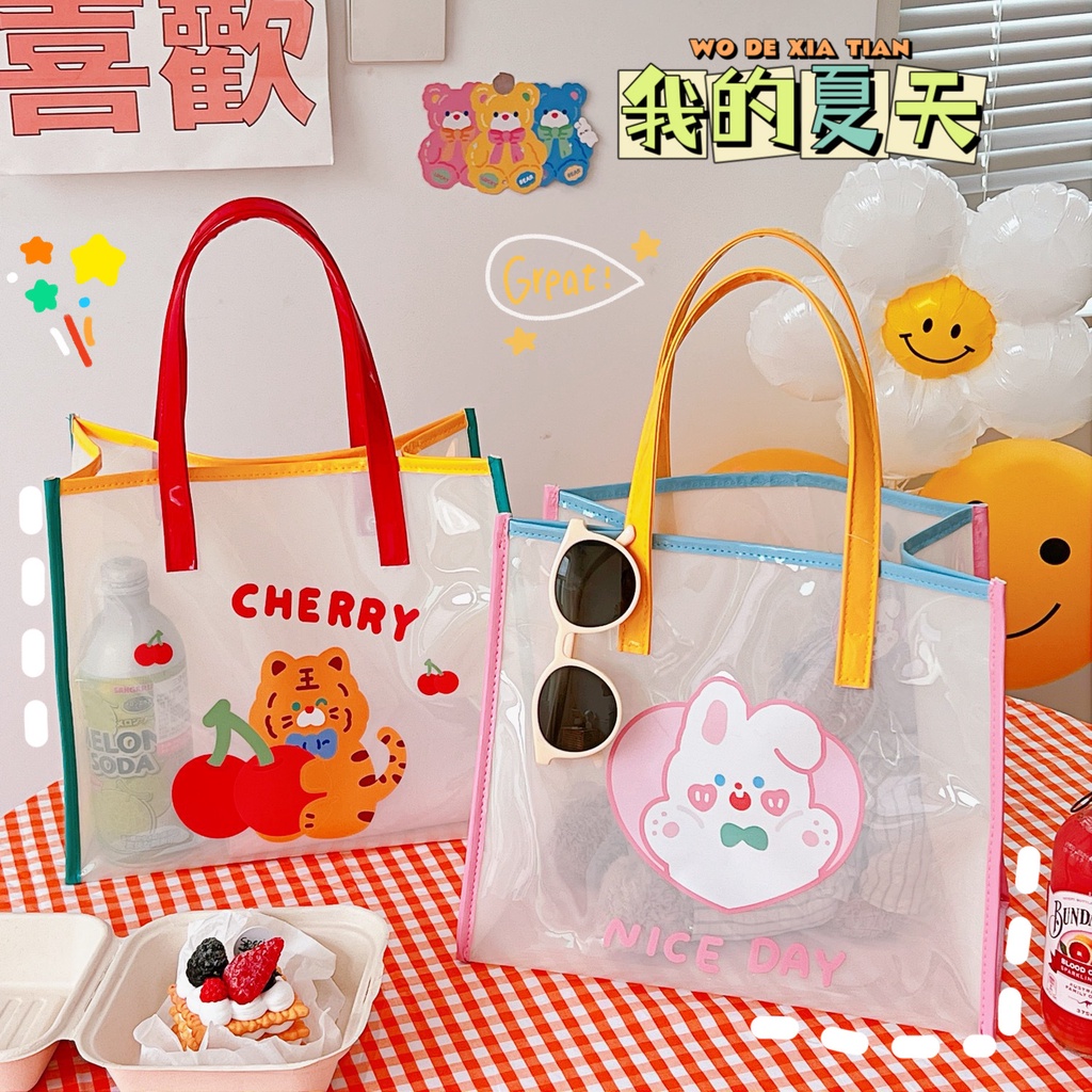 Túi Xách Đeo Vai Trong Suốt Chống Thấm Nước In Hình Gấu Hoạt Hình Dễ Thương Cho Nữ