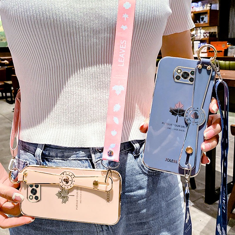 Ốp điện thoại TPU mềm in hình lá phong có dây đeo tay cho Xiaomi Poco X3 Pro NFC