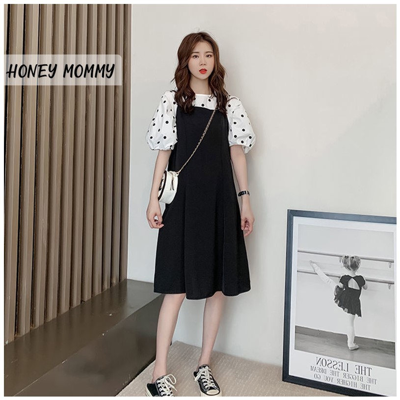 Váy Bầu Yếm Chấm Bi Tay Phồng Dáng Suông HD2827 Honey Mommy Đầm Bầu Mùa Hè Ngắn Tay Công Sở