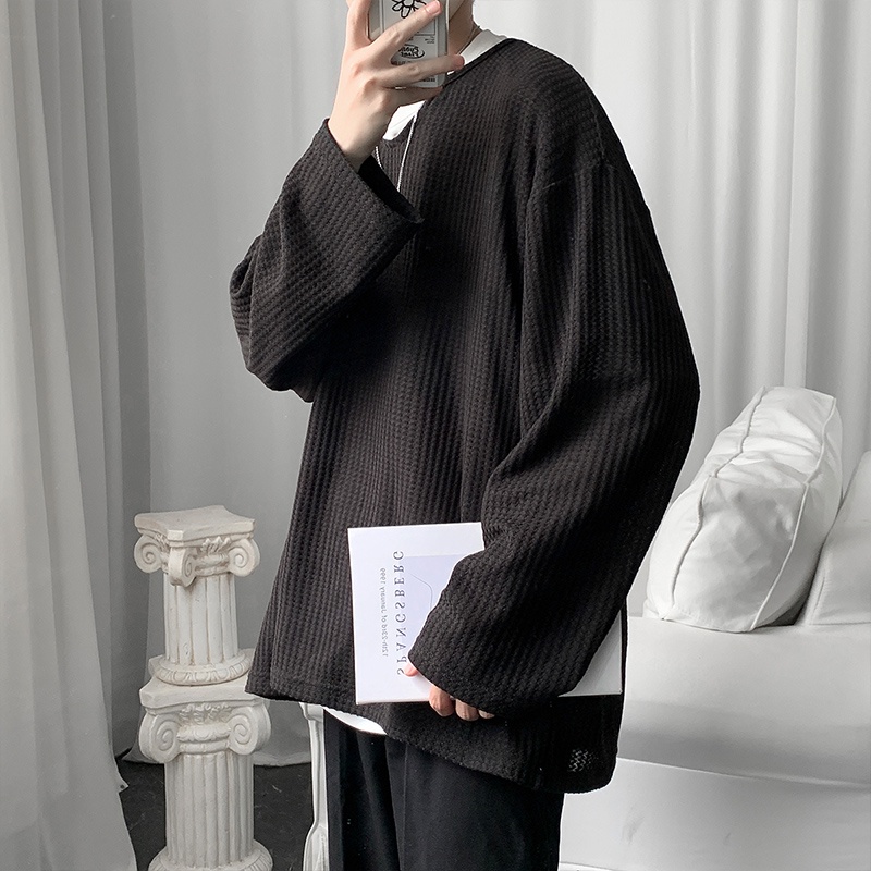 Áo thun unisex vải dệt kim tay dài cổ chữ V thiết kế trẻ trung đơn giản phong cách Hàn Quốc cho các cặp đôi