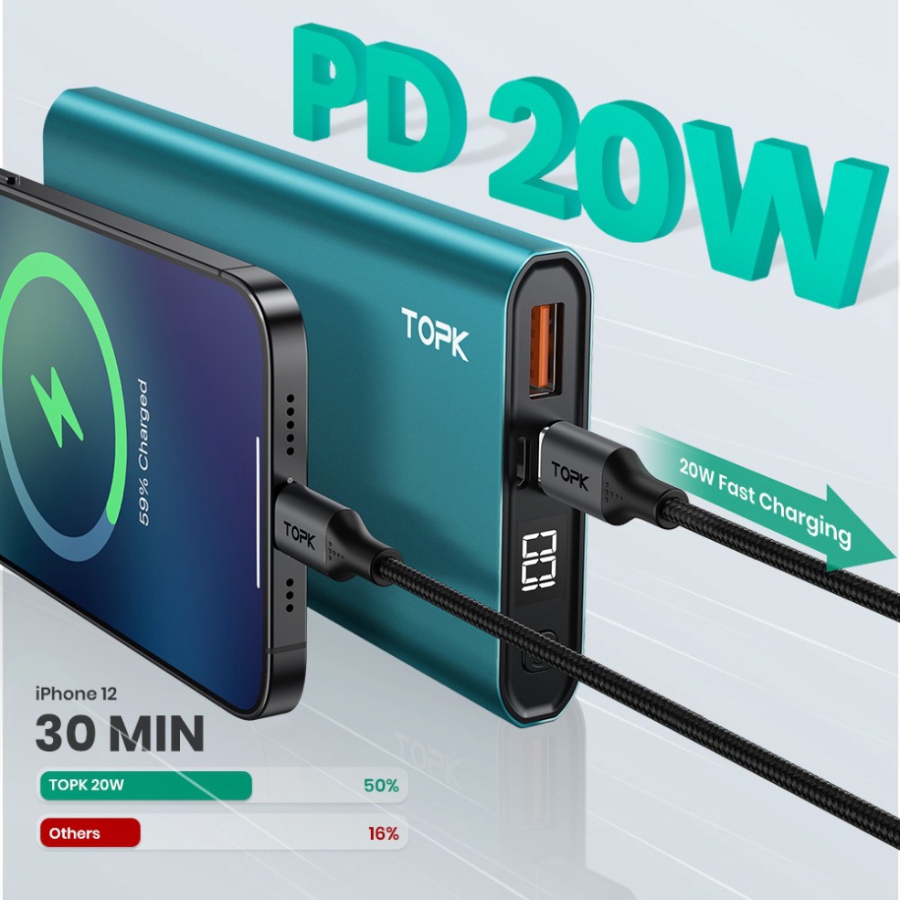 Pin Sạc Dự Phòng TOPK I1007P PD 20W 10000mAh Sạc Nhanh Hiển Thị Điện Tử Thích Hợp Cho iPhone Samsung Xiaomi Huawei