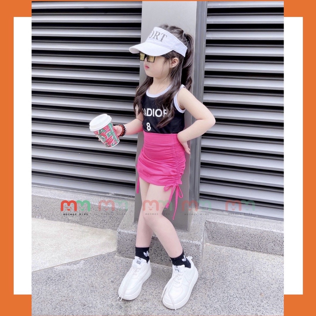 Set váy bé gái dây rút dễ thương áo croptop phối váy dây rút có chip trong thun cotton co dãn cho bé 8kg đến 38kg