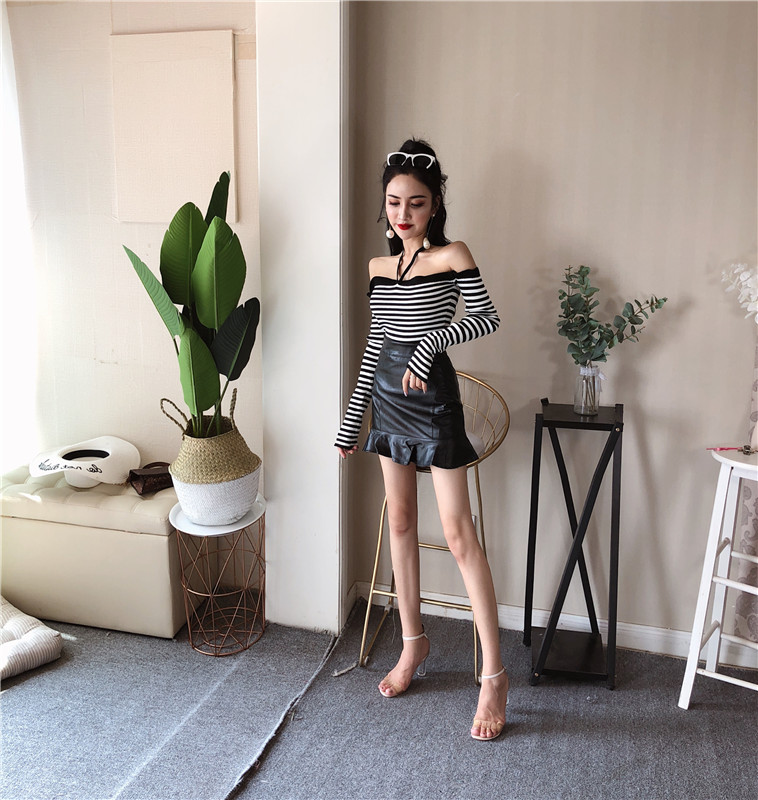 Áo dệt kim tay dài kẻ sọc trắng đen gợi cảm dành cho nữ