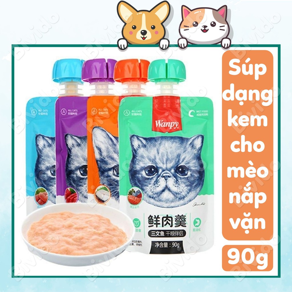 Súp thưởng Wanpy nắp vặn cho mèo đủ vị dinh dưỡng túi 90g - Bivido