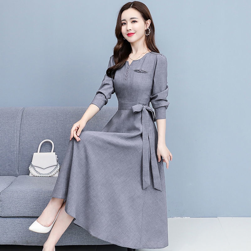 Đầm dáng dài cotton lanh 2021 thời trang Hàn Quốc