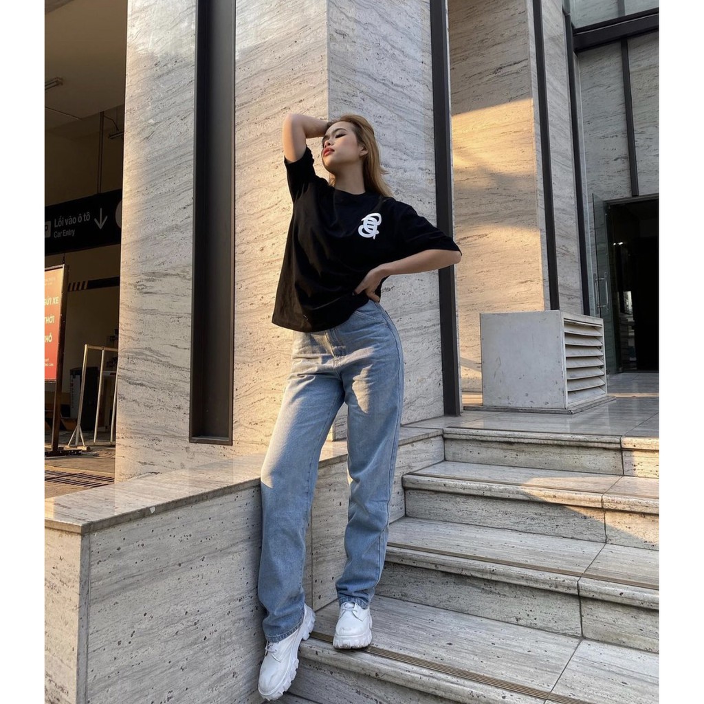 Quần jeans ống suông rộng CHICMONKI cạp cao trên rốn CMJ964