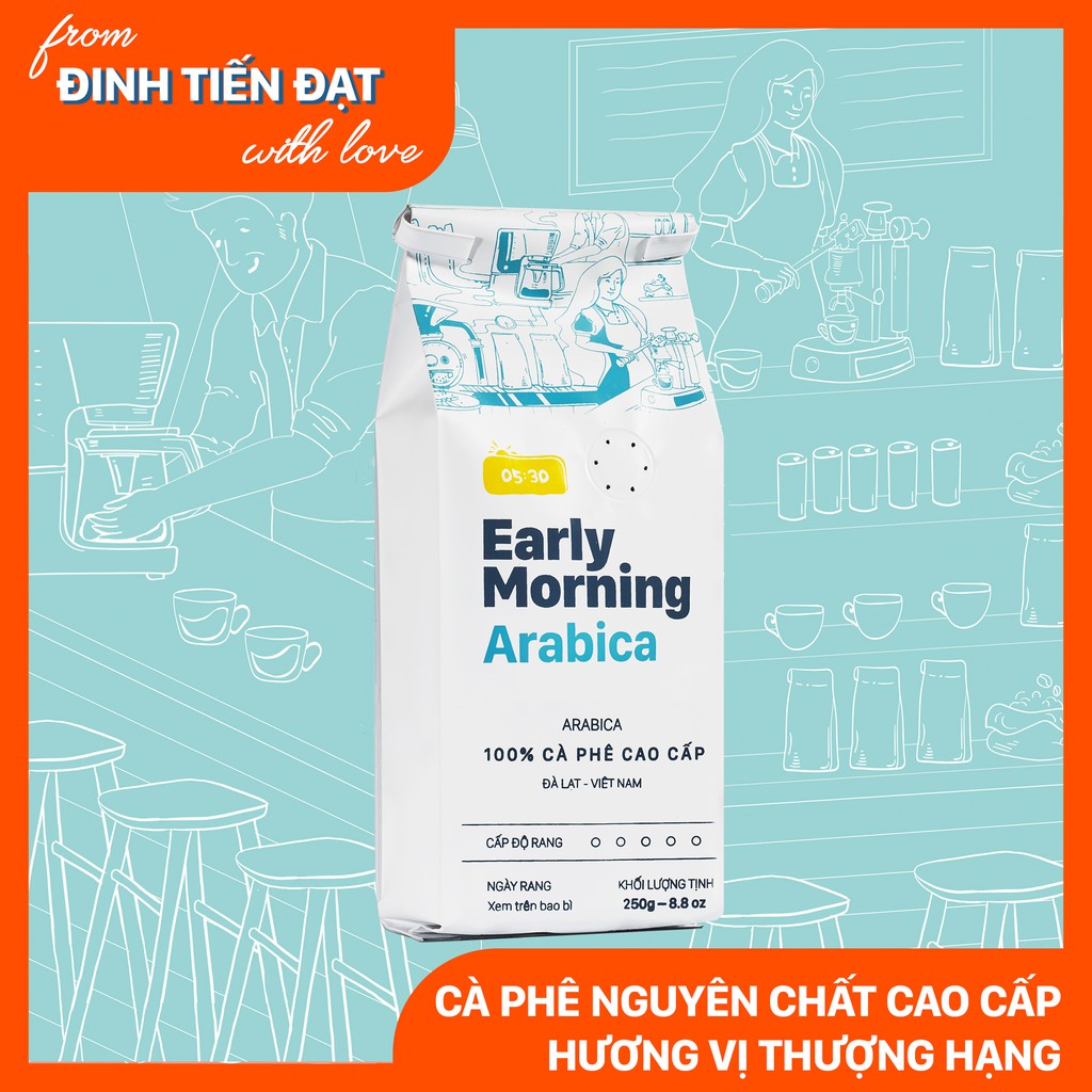Cafe nguyên chất rang xay arabica EARLY MORNING, cà phê hạt xay bột pha phin pha máy 250gr