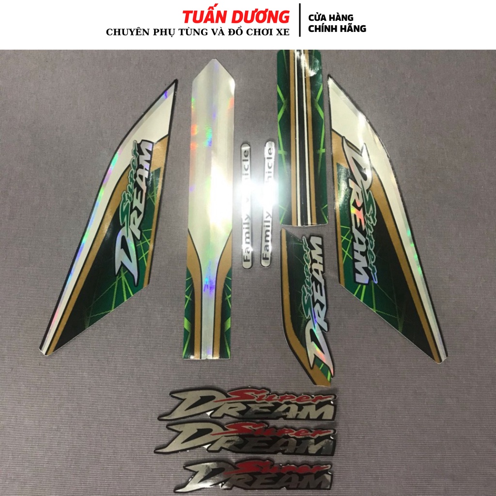 Trọn bộ tem rời dán xe máy Super Dream màu xanh lá cây, Tem hàng đẹp lắp được cả dream thái và dream việt các đời