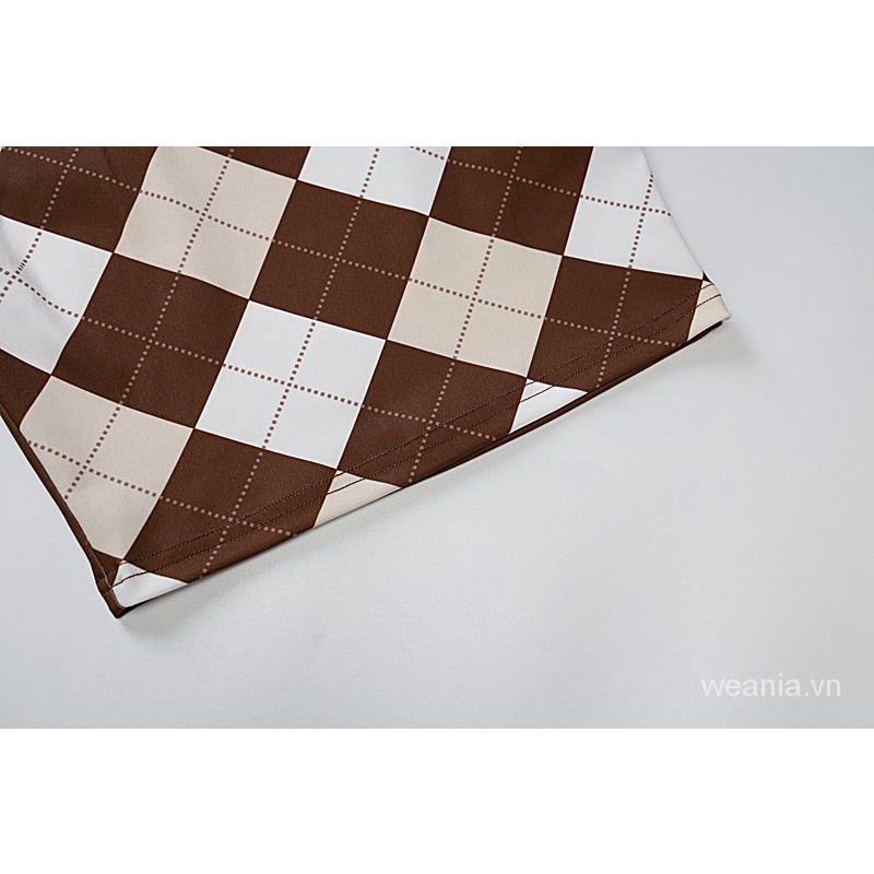 Set đồ gồm áo tanktop cổ tròn + chân váy lưng cao sọc caro xinh xắn thời trang dành cho nữ