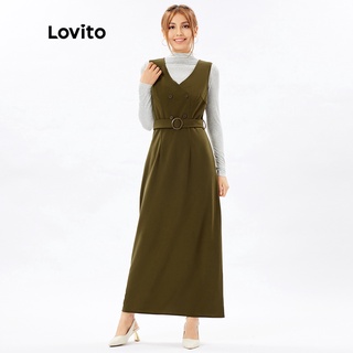 16de-Lovito Đầm Suông Cổ Chữ V Màu Trơn L26ED056 (Màu Olive)