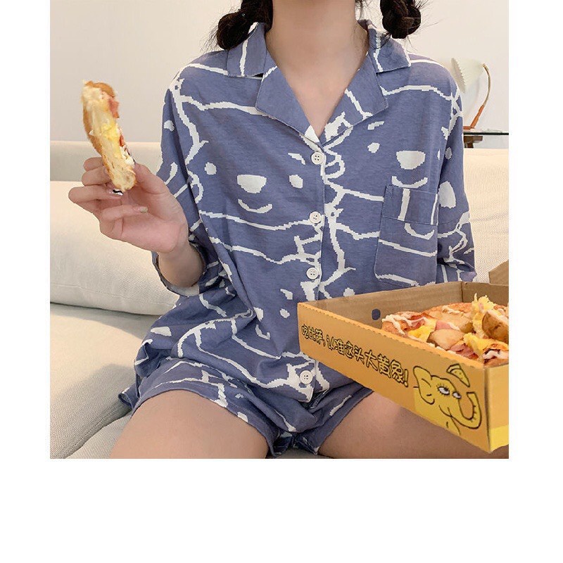 Bộ Ngủ Nữ Cộc Hình Gấu Trắng Xanh Pyjama 🦋 Set Áo Cúc Cài Quần Ngắn Họa Tiết Gấu Pooh 2 Màu Form Rộng