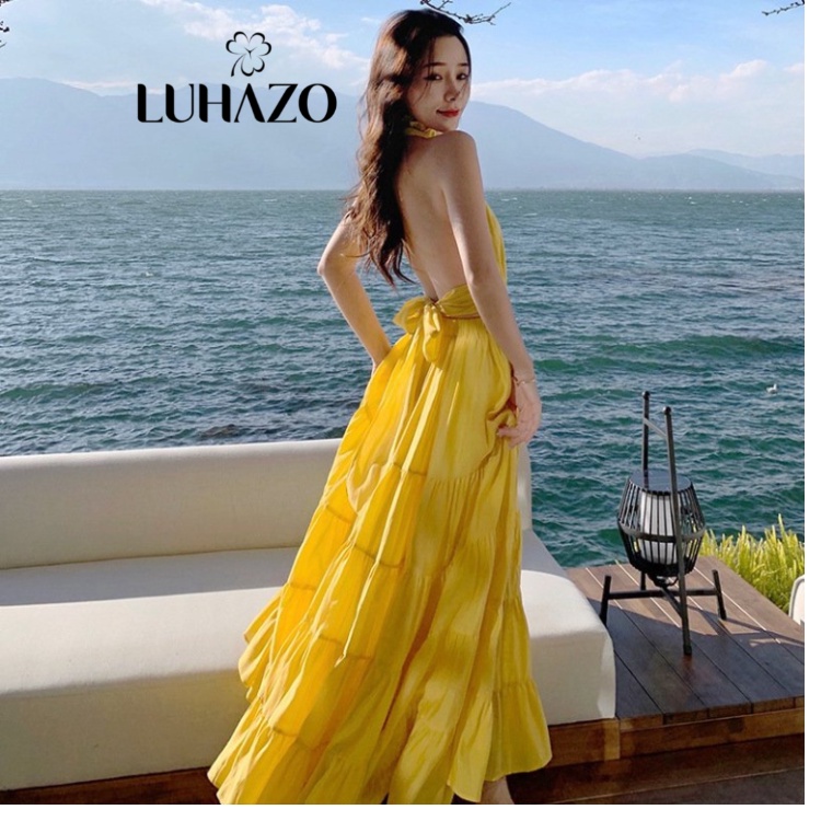 Váy đi biển xòe LUHAZO nữ đẹp maxi 2 dây dáng dài rộng bigsize kiểu Hàn Quốc vintage  babydoll hở lưng 1212 DK1T3