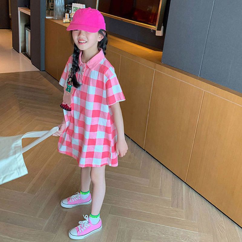 Đầm Công Chúa Mùa Hè Tay Cộc In Họa Tiết Caro Hoạt Hình Phong Cách Hàn Quốc Cho Bé Gái Se