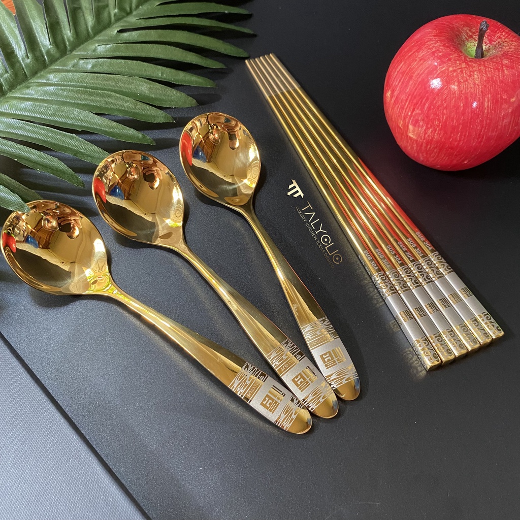 Bộ thìa đũa muỗng dĩa inox 304 mạ vàng cán dài cao cấp sang chảnh dụng cụ cá nhân ăn cơm văn phòng dã ngoại